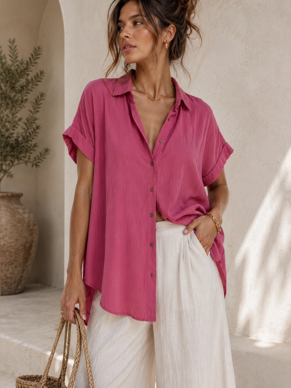 Caslon Linen Blend Camp Shirt Pink 2X